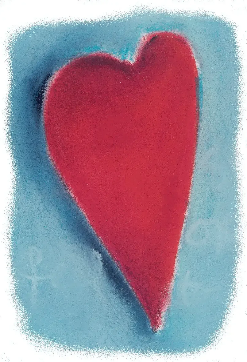 Pastel drawing of a red heart on a soft teal background